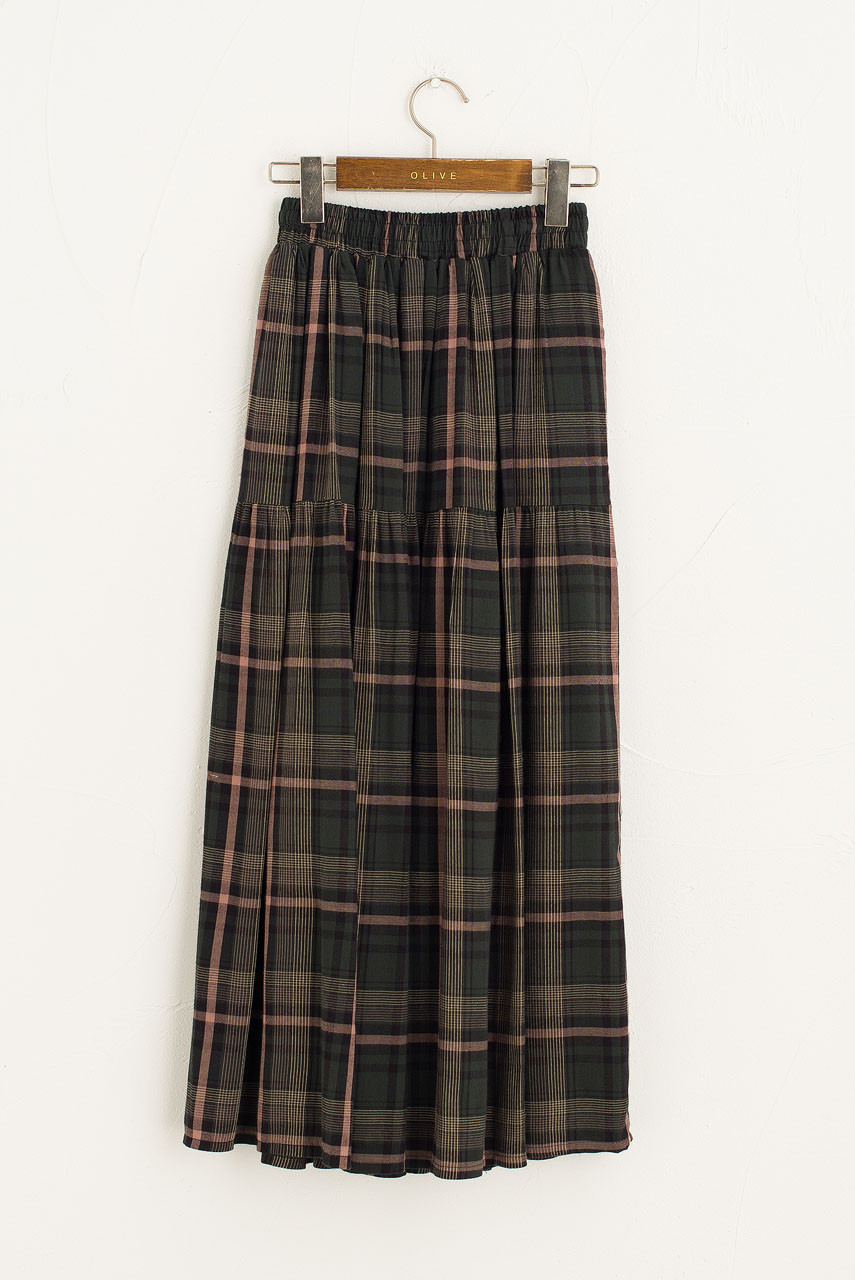 Jena Check Long Skirt, Khaki