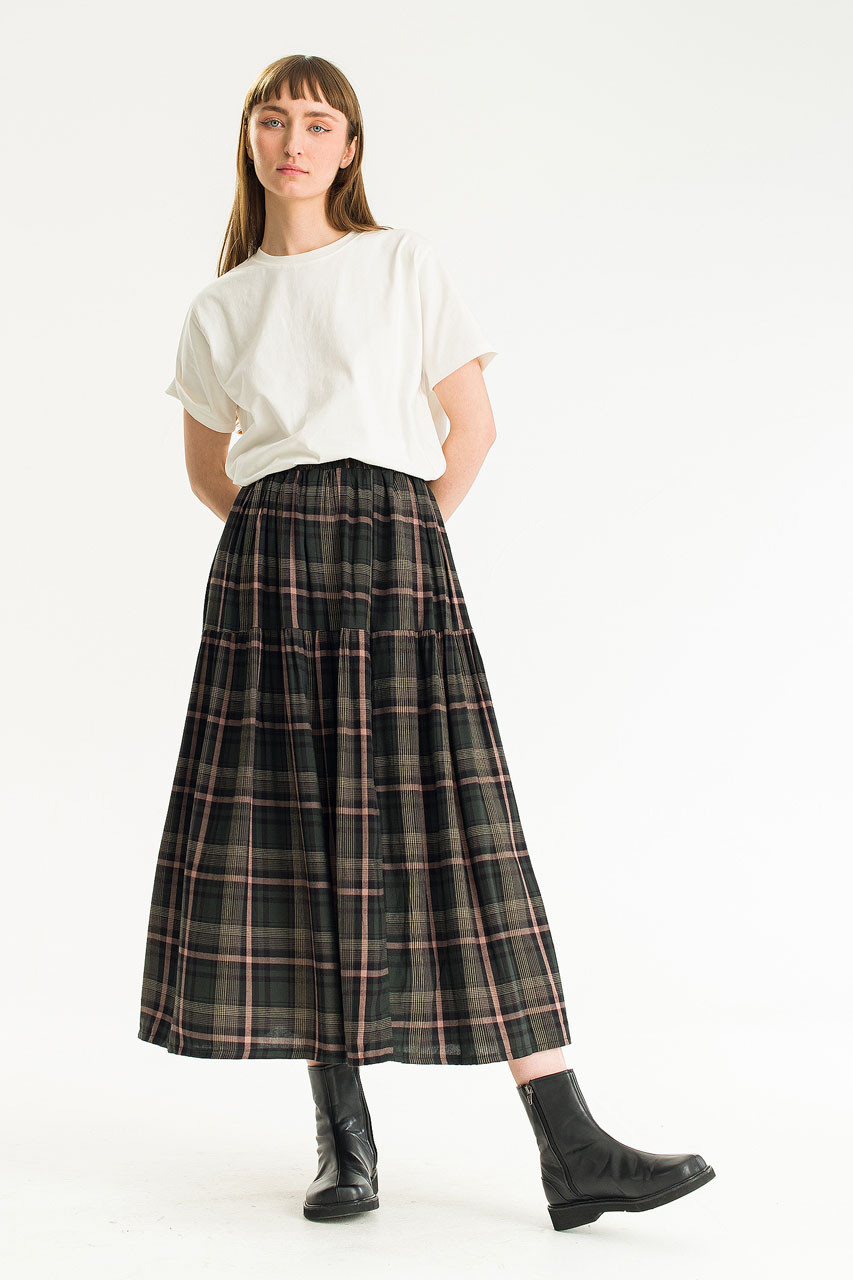 Jena Check Long Skirt, Khaki