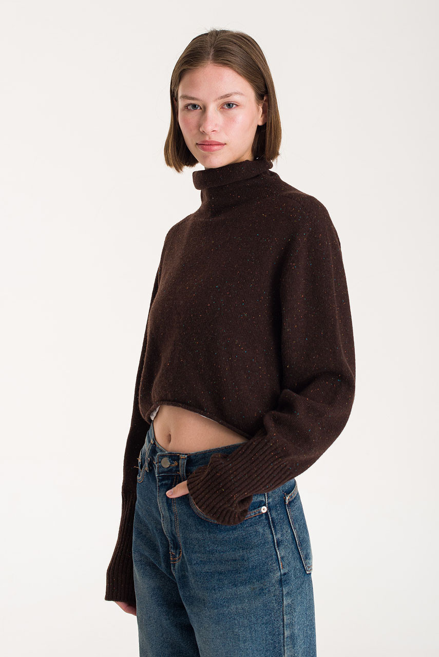 Flecked Roll Neck Crop Jumper, Brown