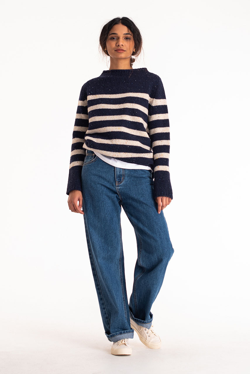 Stripe Boucle Boat Neck Jumper, Navy/Ivory