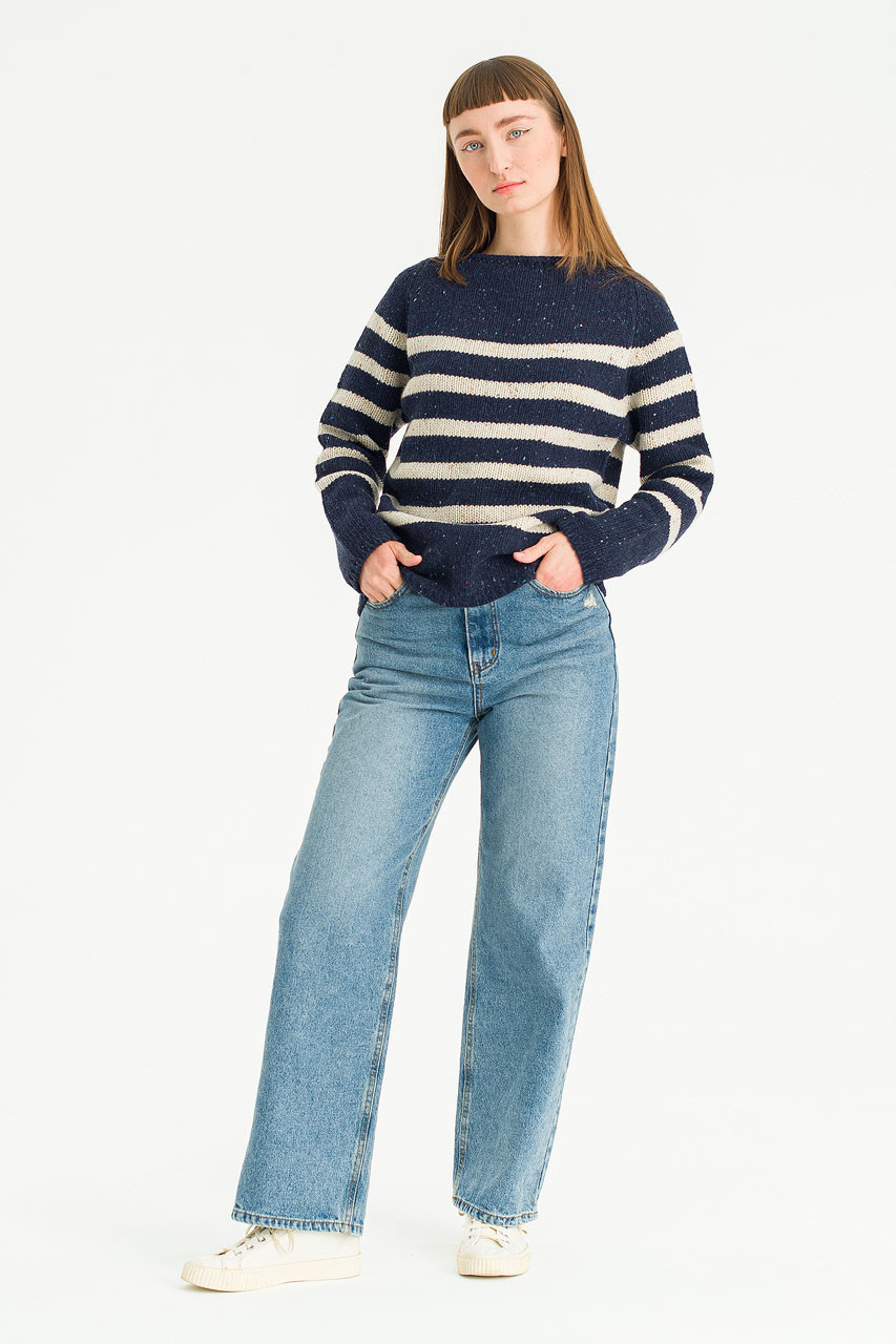 Stripe Boucle Boat Neck Jumper, Navy/Ivory