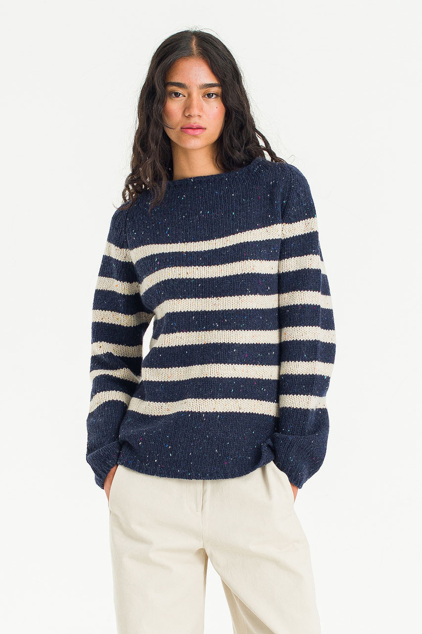 Stripe Boucle Boat Neck Jumper, Navy/Ivory