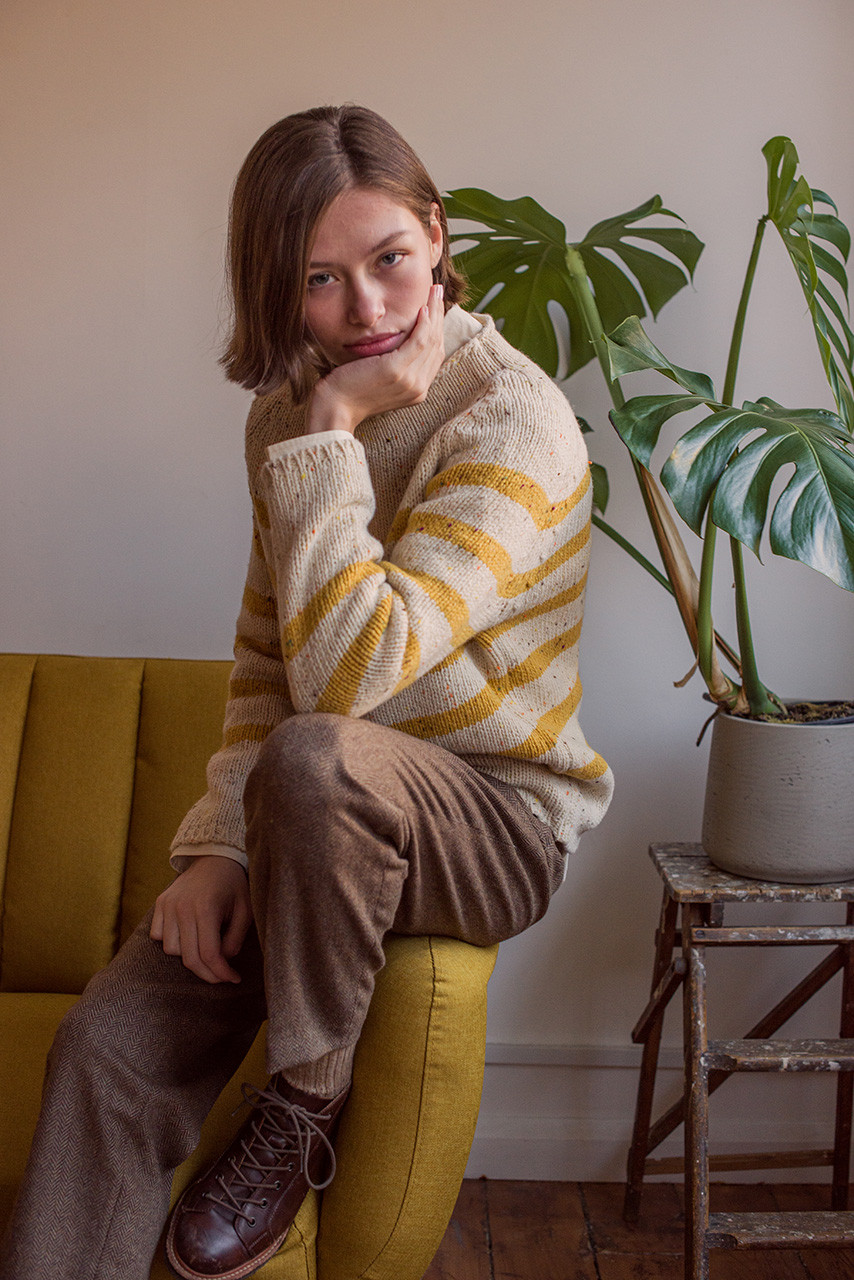 Stripe Boucle Boat Neck Jumper, Ivory/Mustard