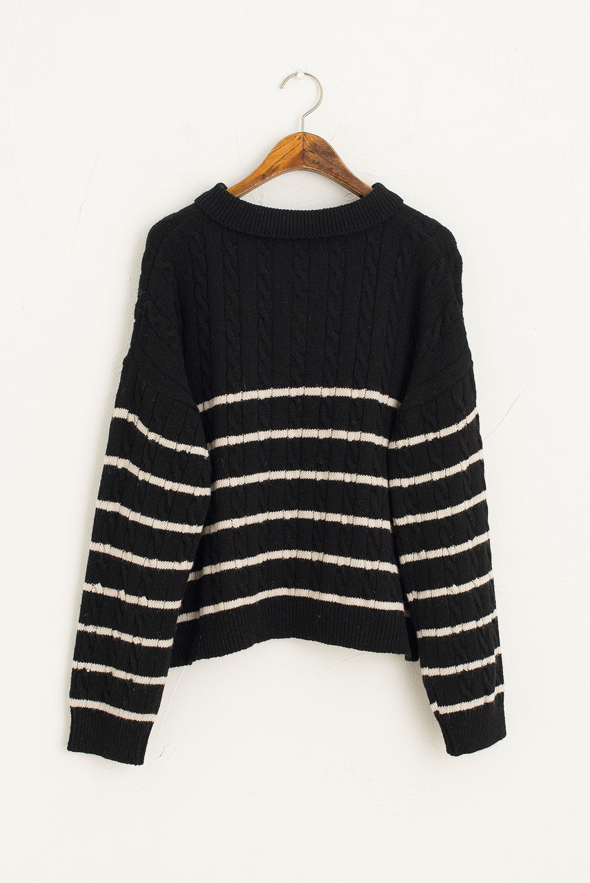 Lucky Brand Women's Striped Cropped Pointelle Sweater In Black Peyote  Stripe