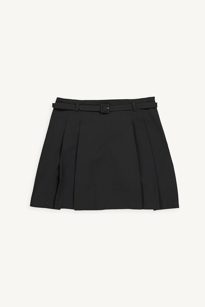 Ann Belted Pleated Mini Skirt, Black