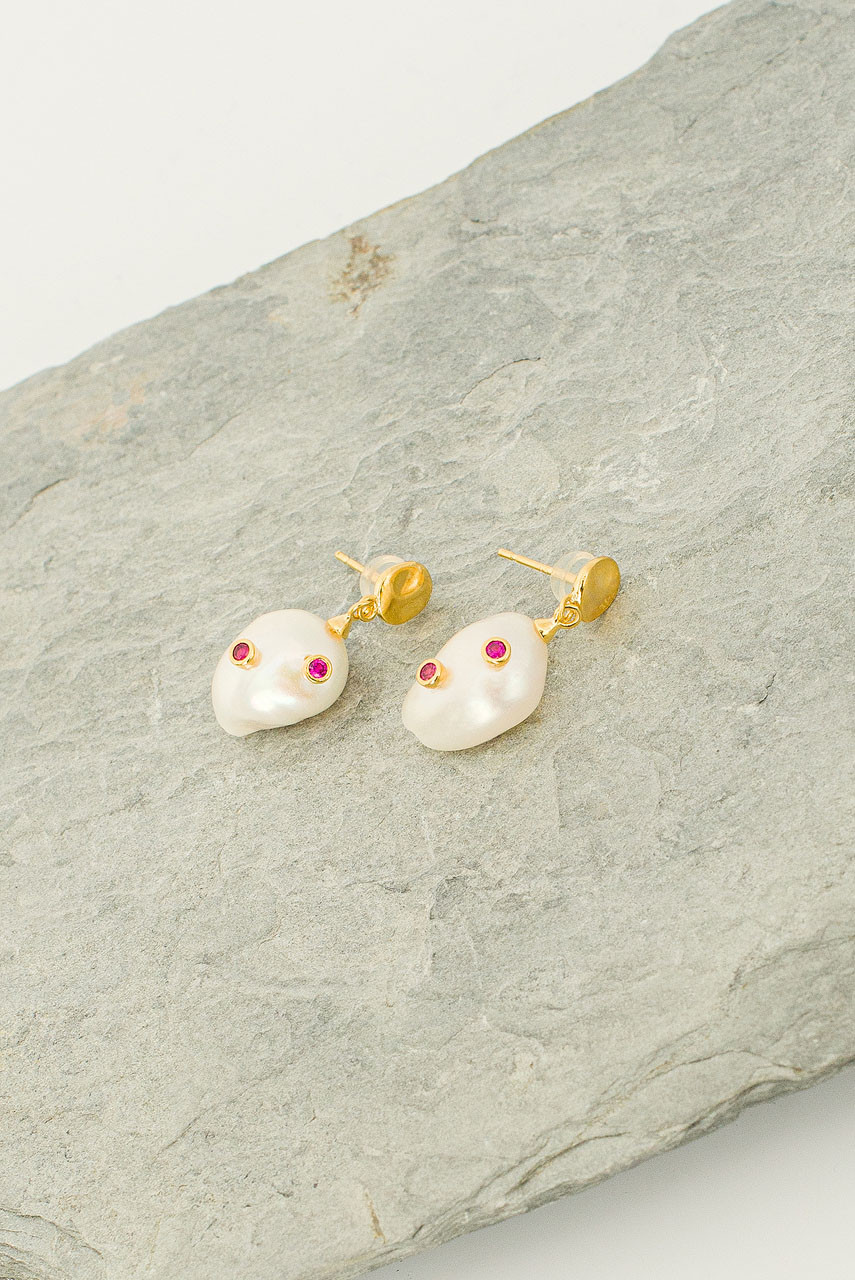 Jacqueline Pearl Drop Ruby Earrings, 14K Gold Plated