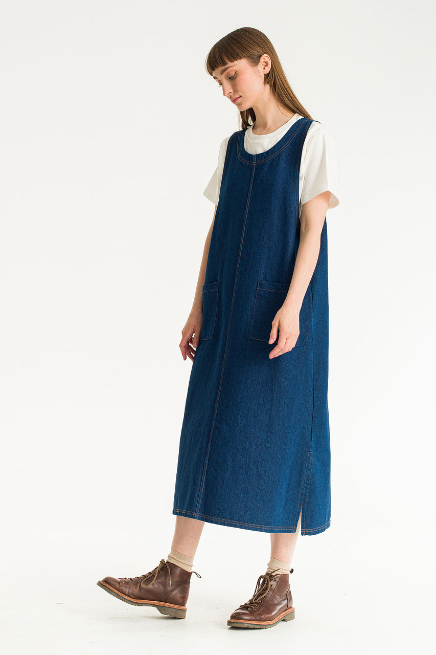 Tomo Denim Apron Dress, Mid Blue