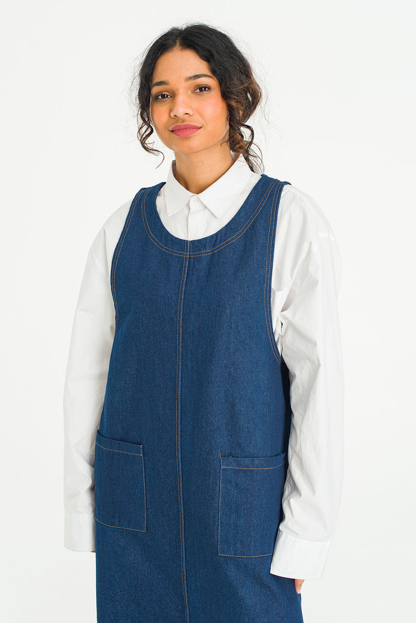 Tomo Denim Apron Dress, Mid Blue