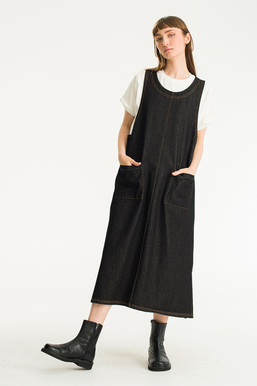 Tomo Denim Apron Dress, Black