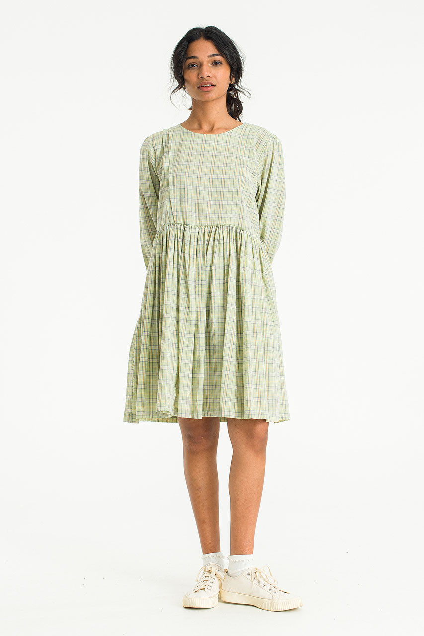 Button Check Babydoll Dress, Green