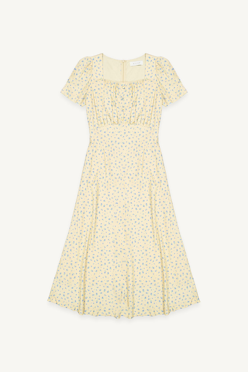 Button Flower Square Neck Dress, Lemon