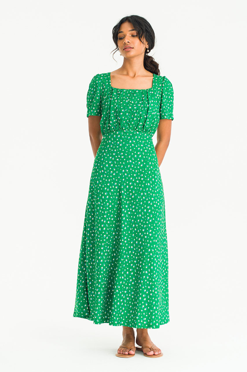 Button Flower Square Neck Dress, Green