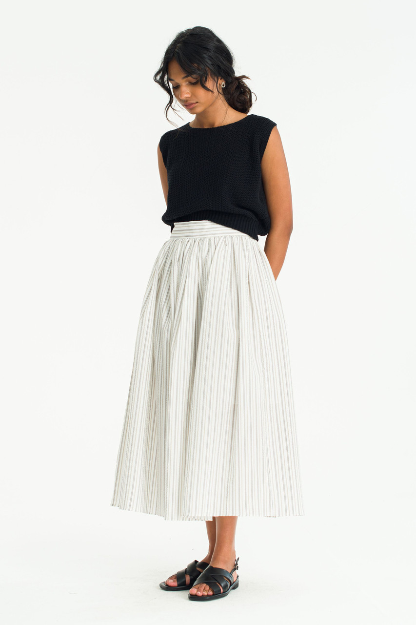 Embossed Cotton Stripe Skirt, Beige