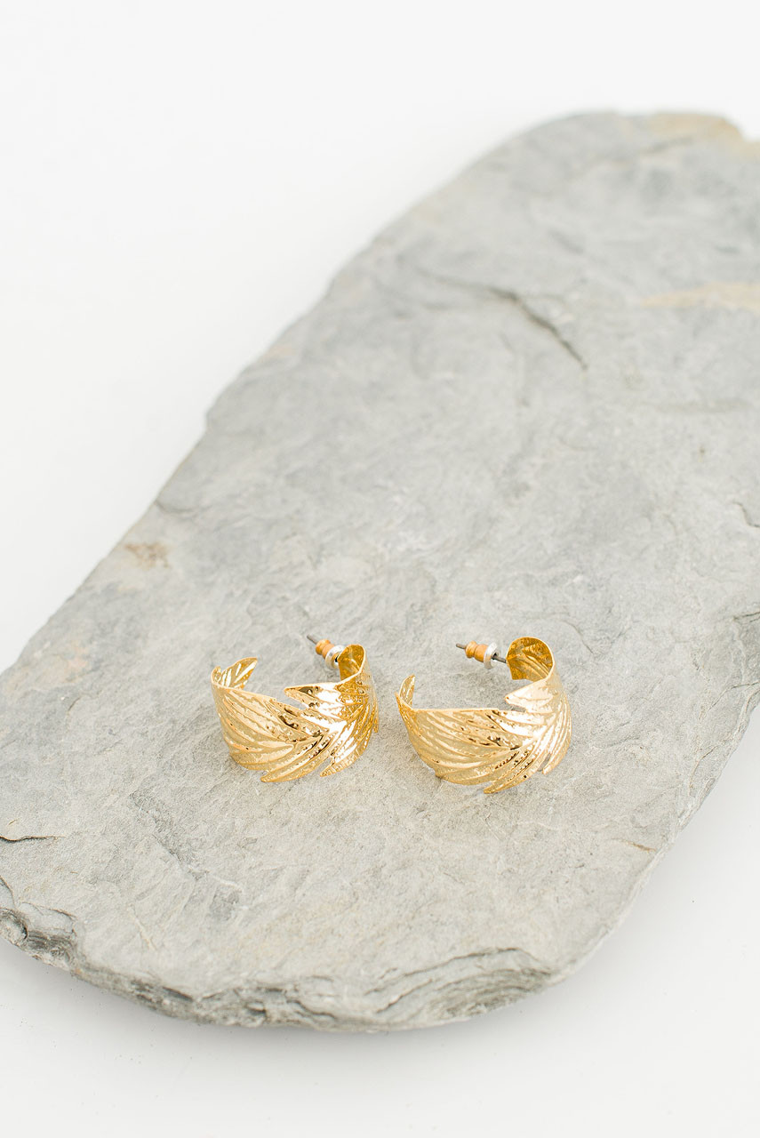 Feather Hoop Earrings, Gold Plated