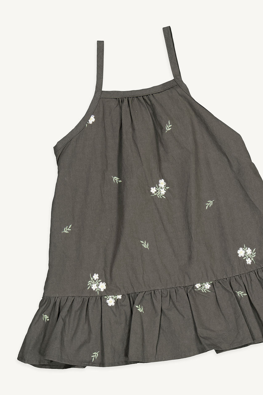 Mini Olive | Flower Embroidered Cami Dress, Charcoal