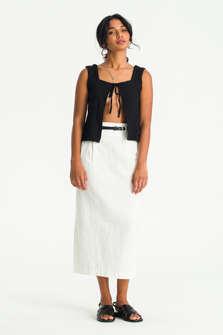 Linen Blend Belted Skirt, Ivory