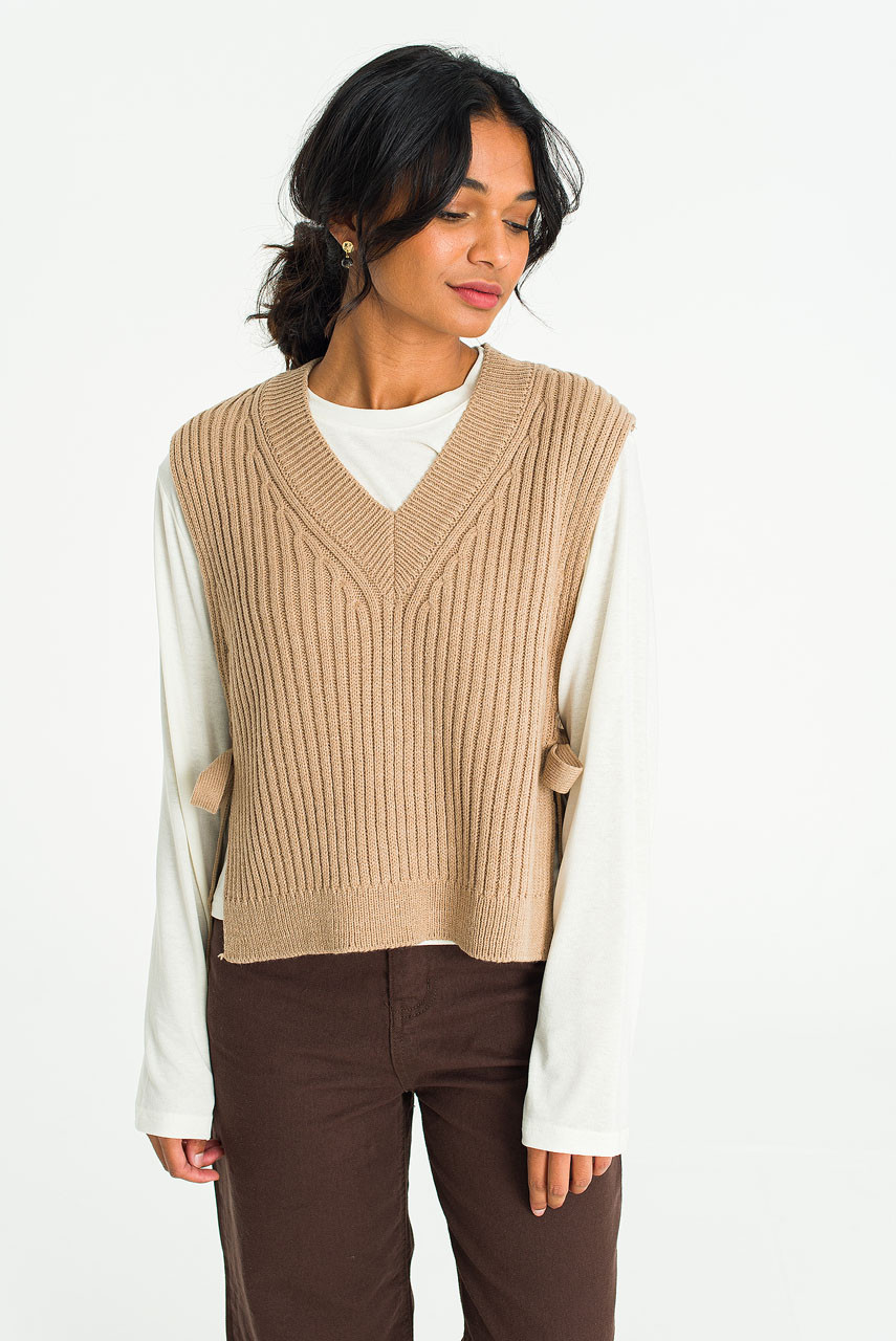 Ribbed Ribbon Side Vest, Camel - Knitwear