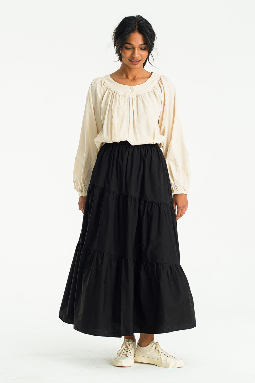 Tiered Cotton Skirt, Black