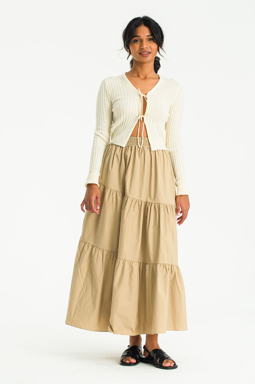 Frill Tiered Cotton Skirt, Beige