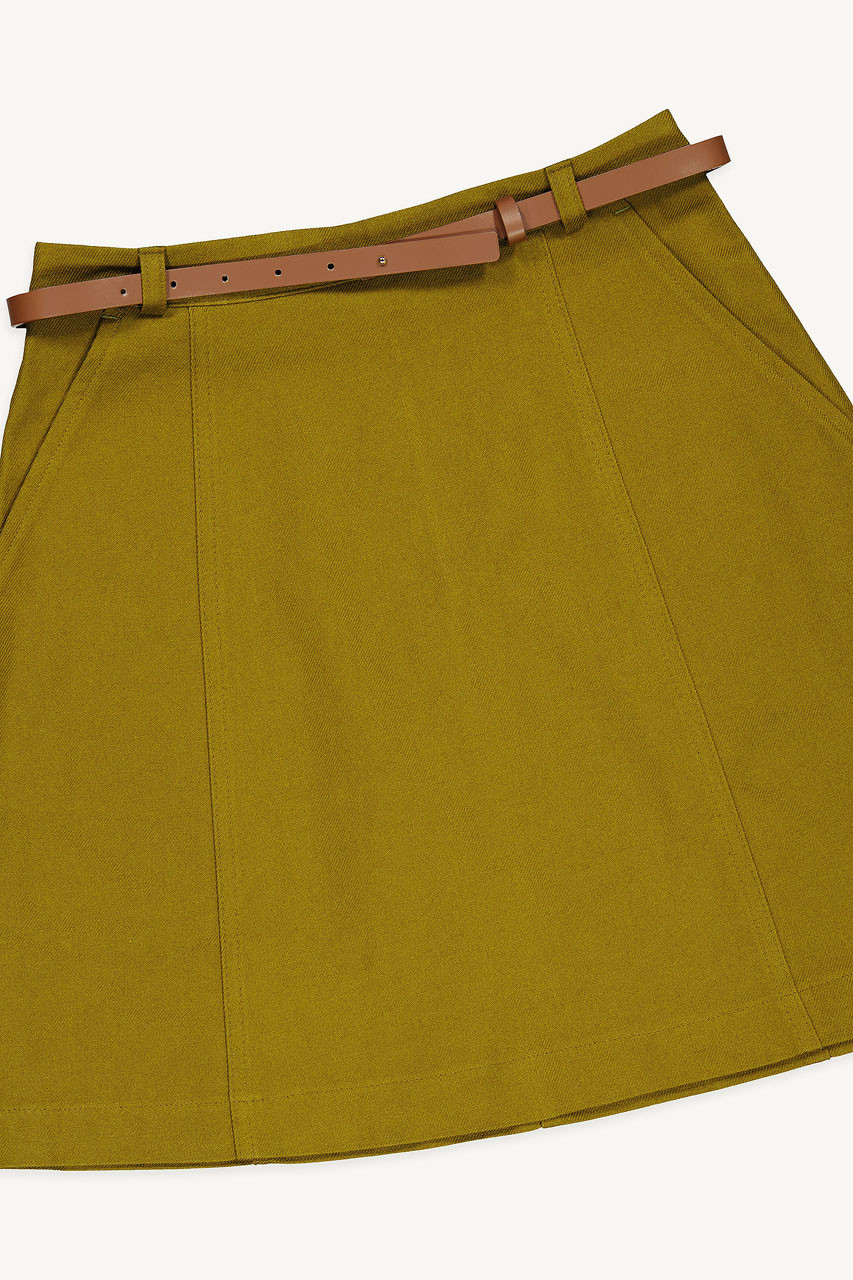 Cosi Simple Belted Mini Skirt, Khaki