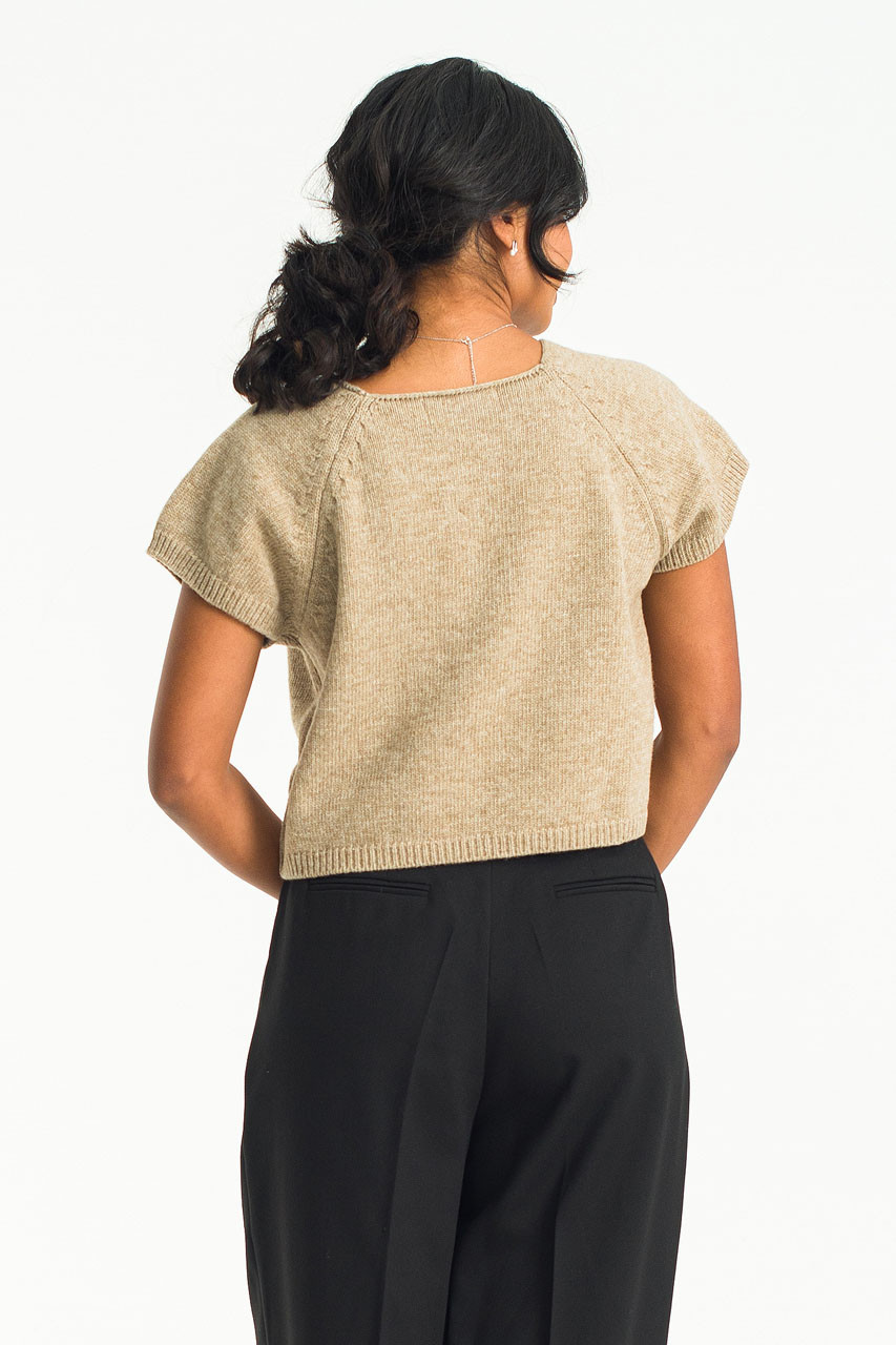 Square Neck Wool Short Sleeve Jumper, Beige