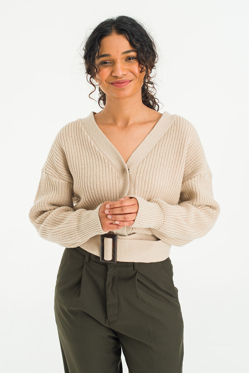 Hikiri Belted Cardigan, Beige