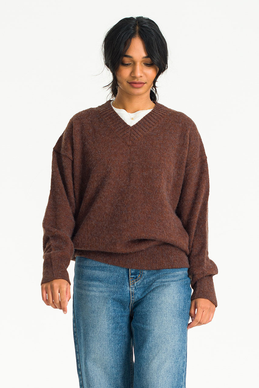 Blushed V Neck Jumper, Brown