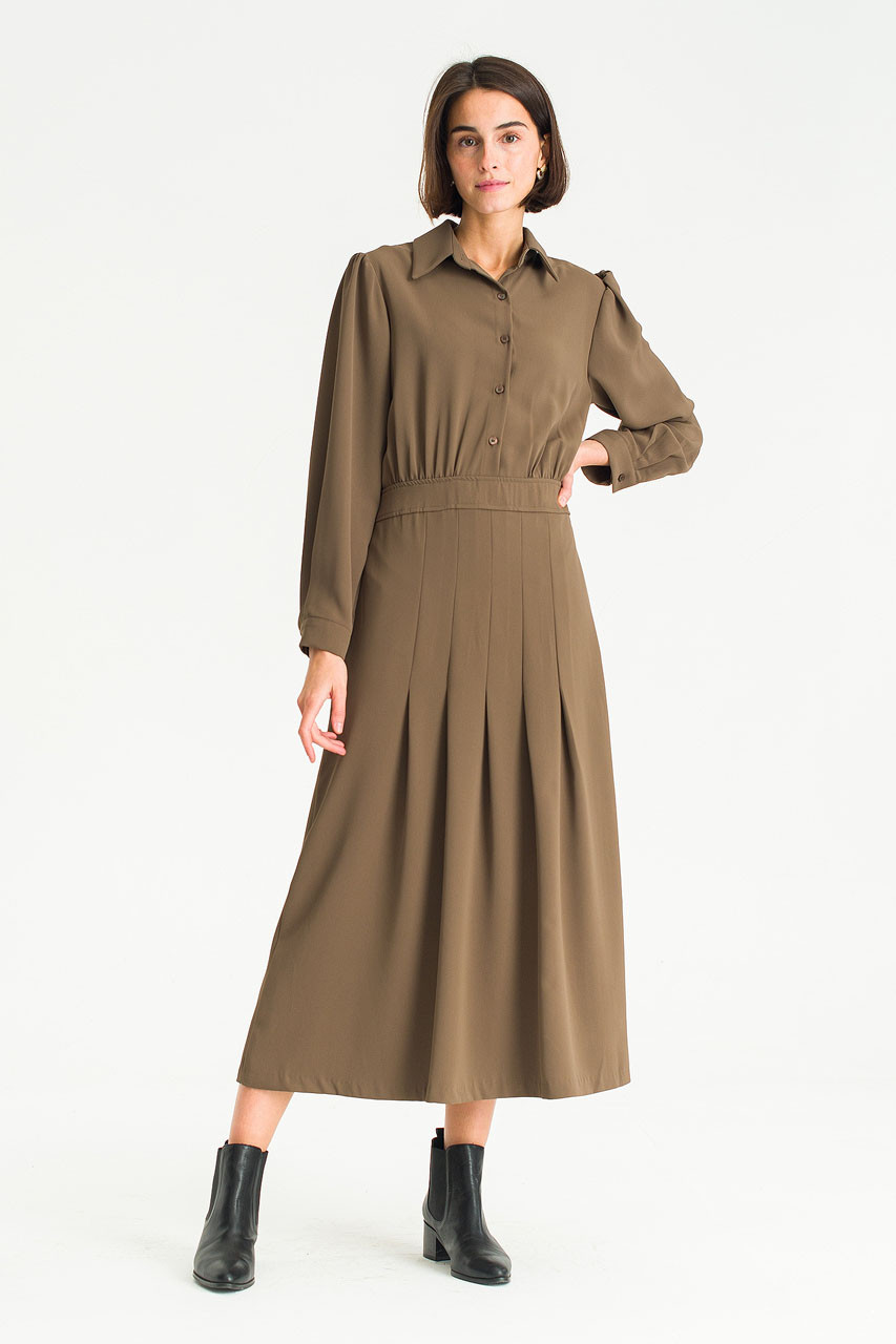 Tomo Pleated Skirt Shirt Dress, Brown