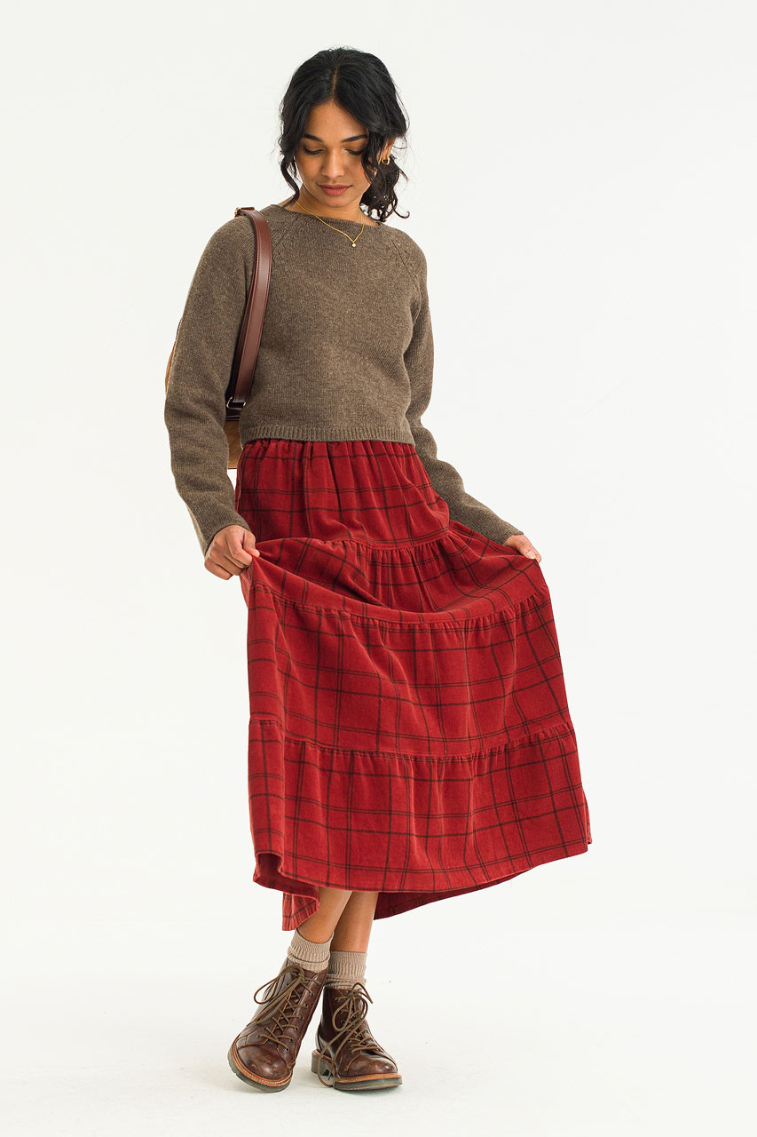 【BAON】Naven cut banding balloon corduroy long skirt Hao Cord Tiered Skirt, Brick