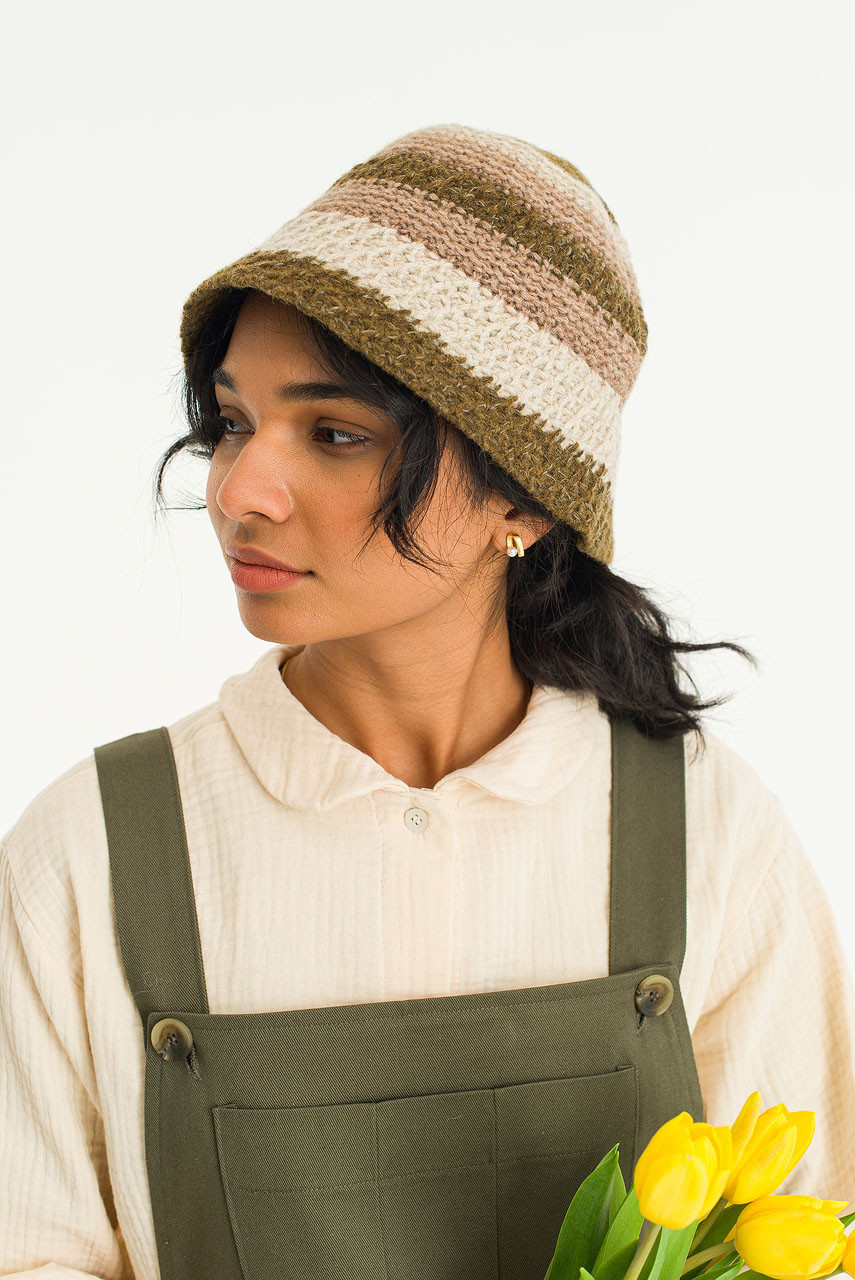 Himari Wool Stripe Hat, Olive