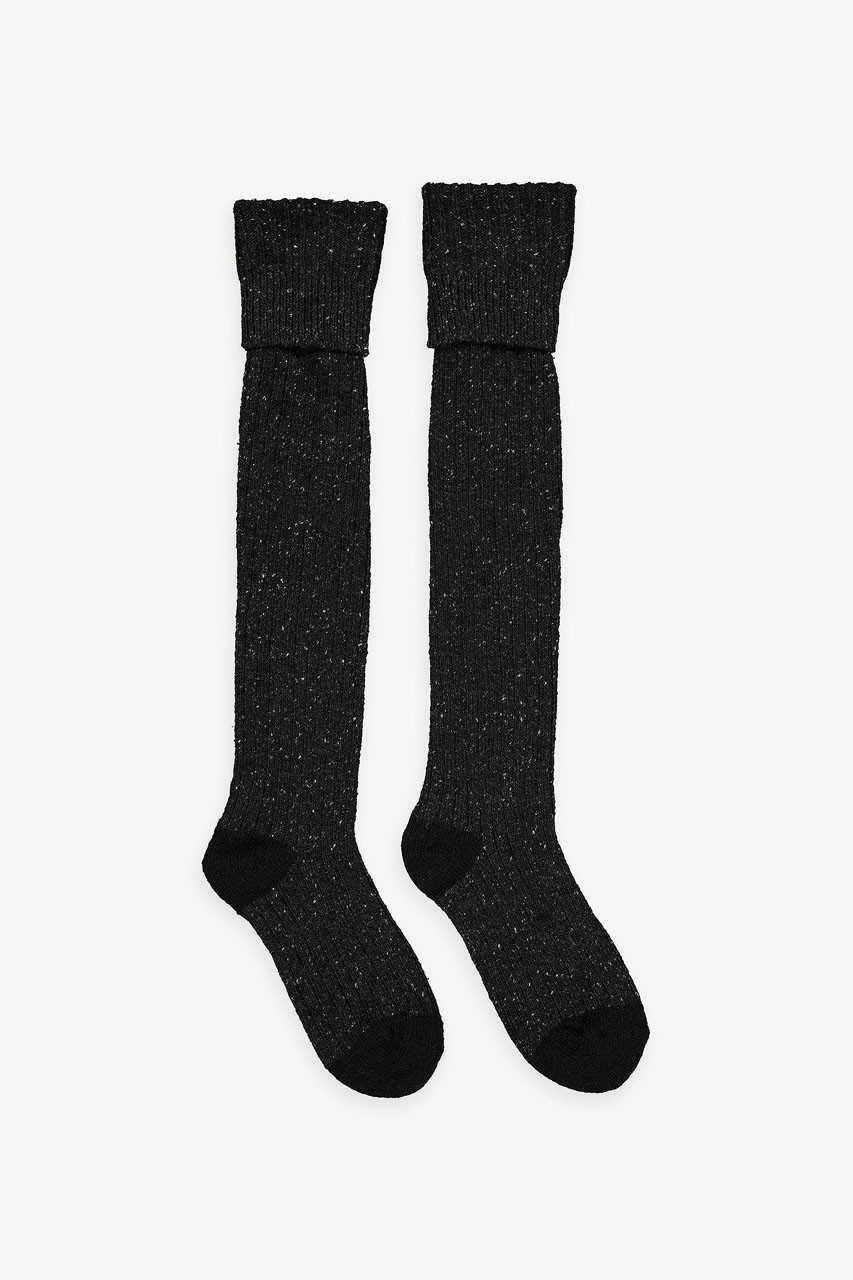 Boucle Wool Mix Over Knee Socks, Black