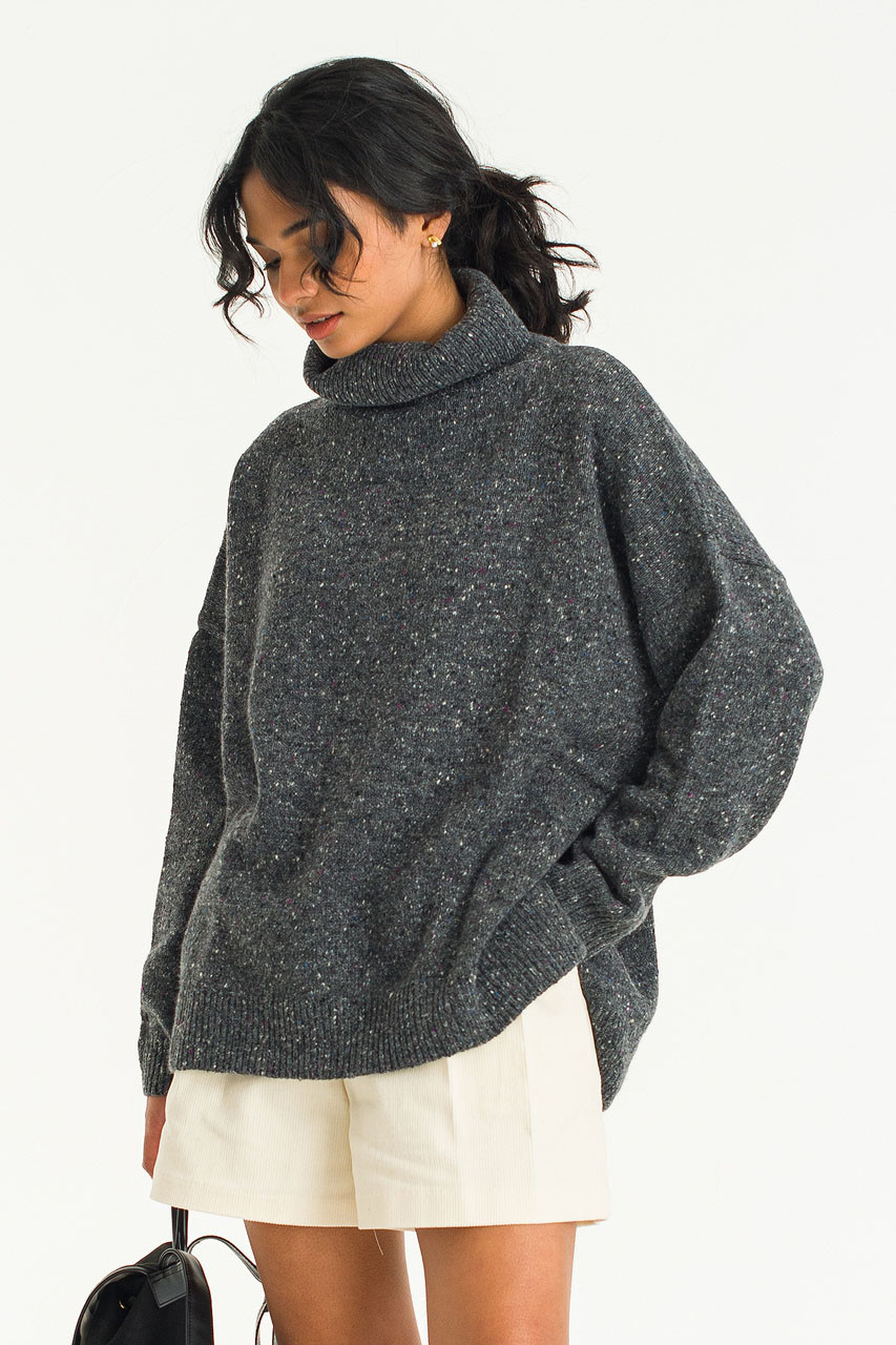 Oversize Boucle Roll Neck Jumper, Charcoal