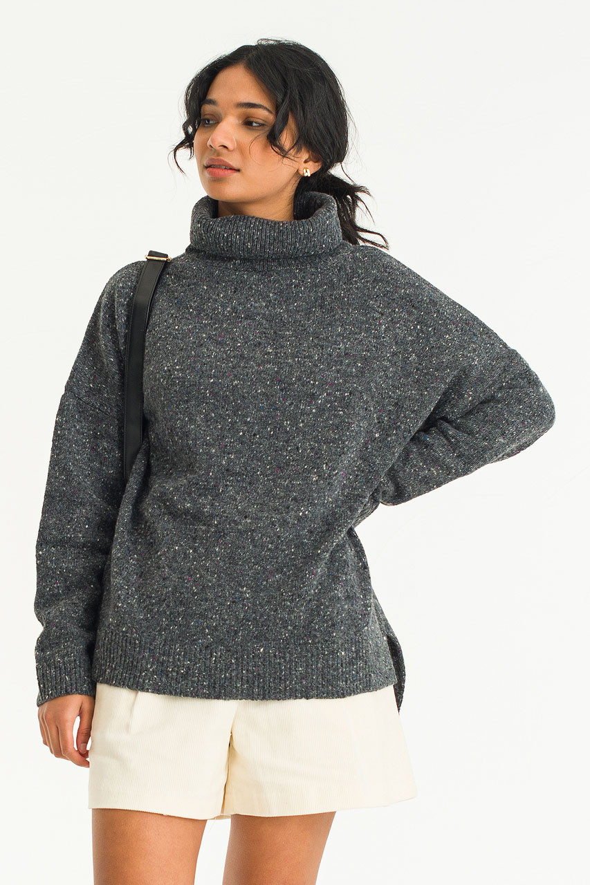 Oversize Boucle Roll Neck Jumper, Mid Grey