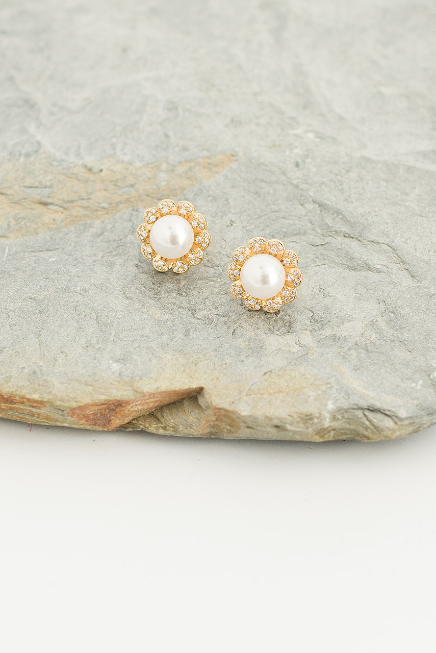 Pearl Flower Studs, Gold Plated