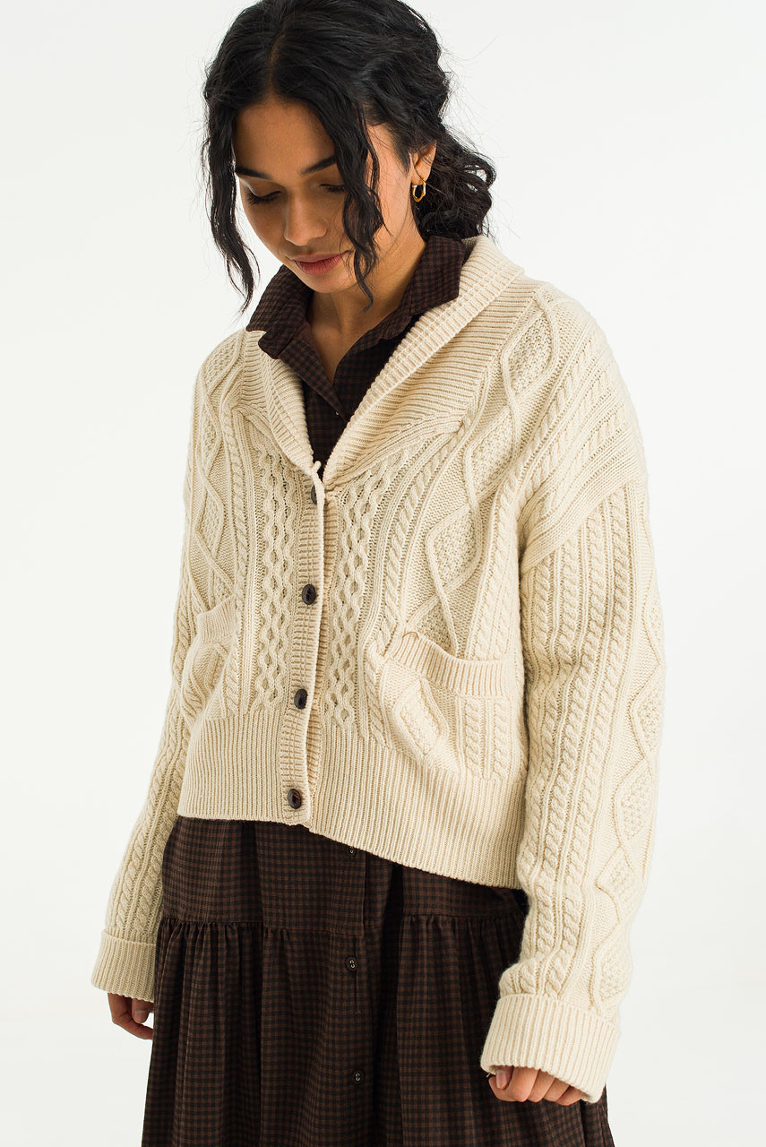 Hiro Cable Collar Cardigan, Cream