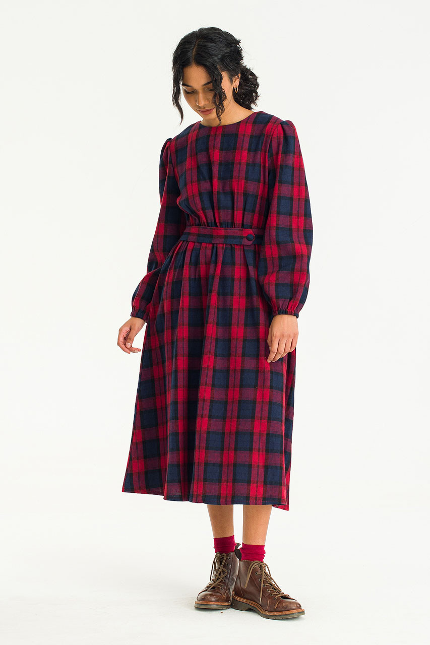 Nia Button Waist Check Dress, Red