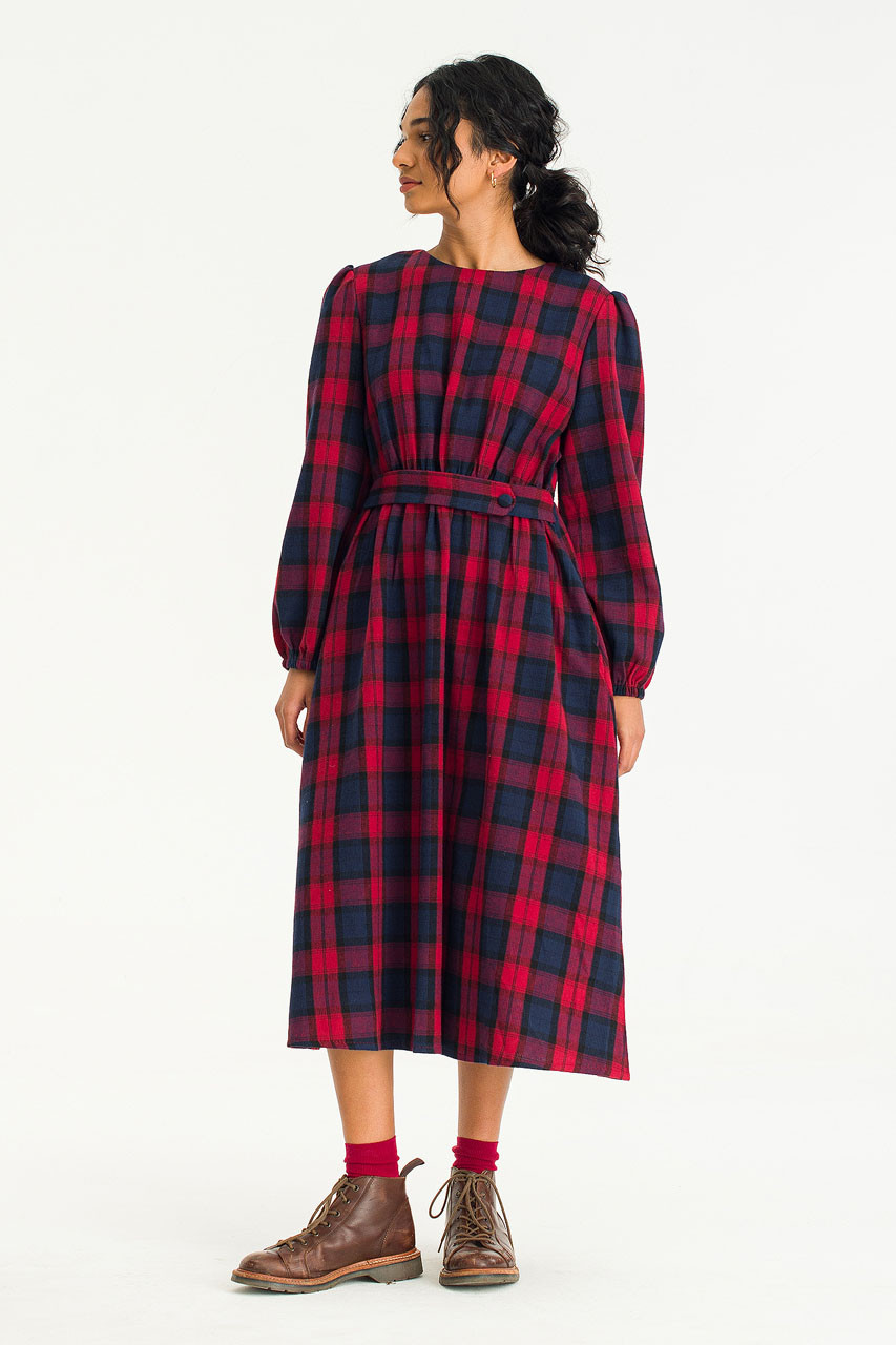 Nia Button Waist Check Dress, Red