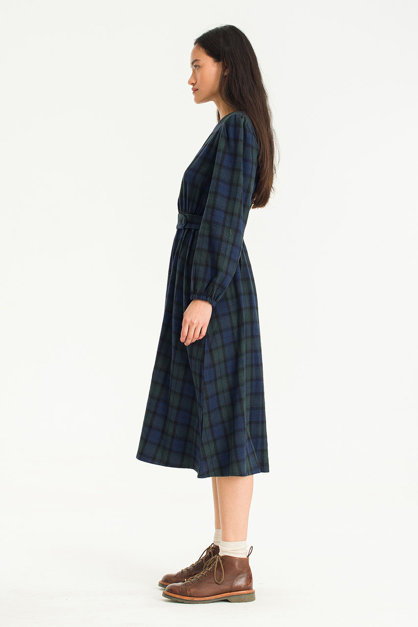 Nia Button Waist Check Dress, Green