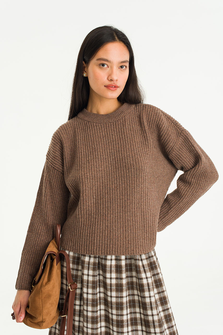 Lily Ribbed Crew Neck Jumper, Brown