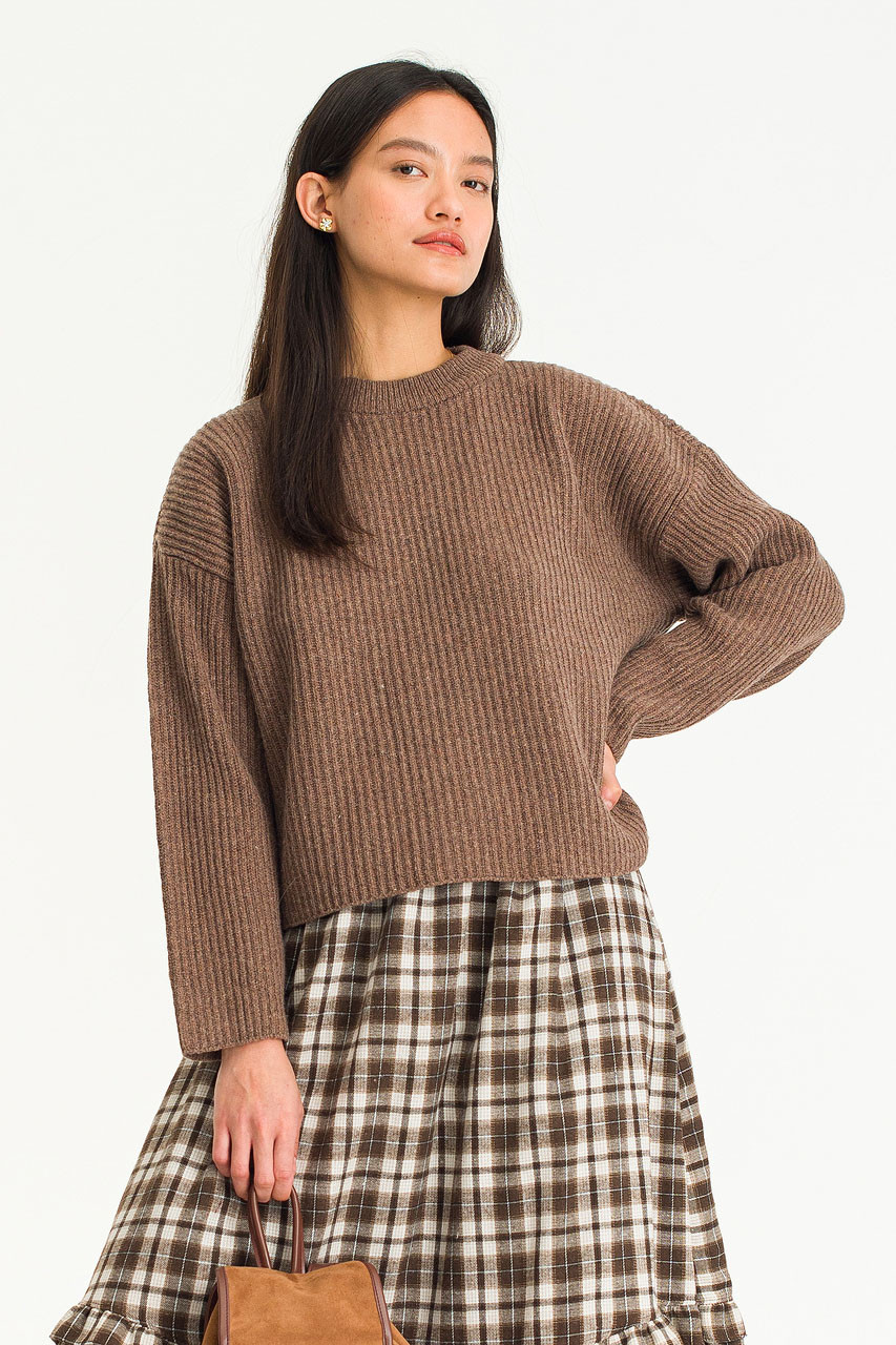 Lily Ribbed Crew Neck Jumper, Brown