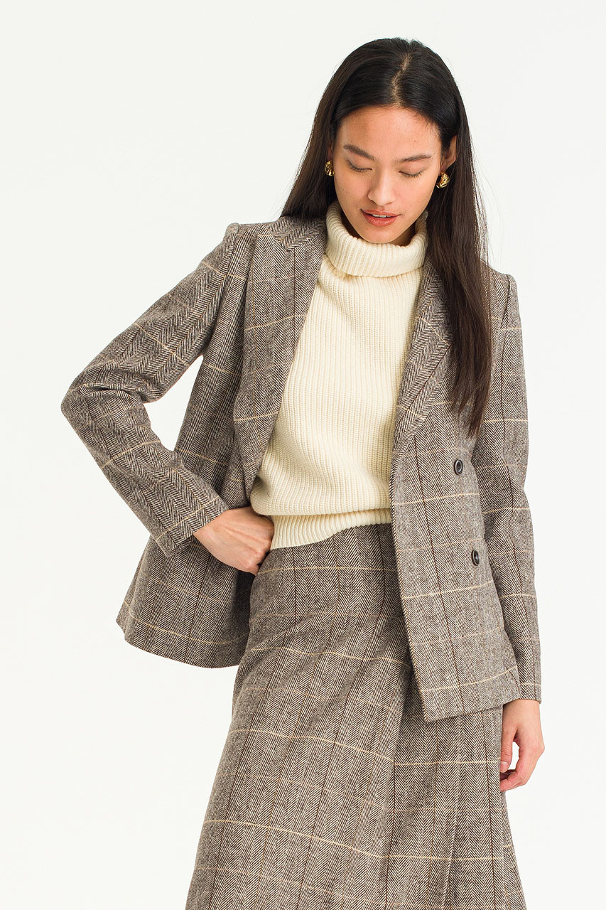 Linen Double Button Check Jacket, Brown