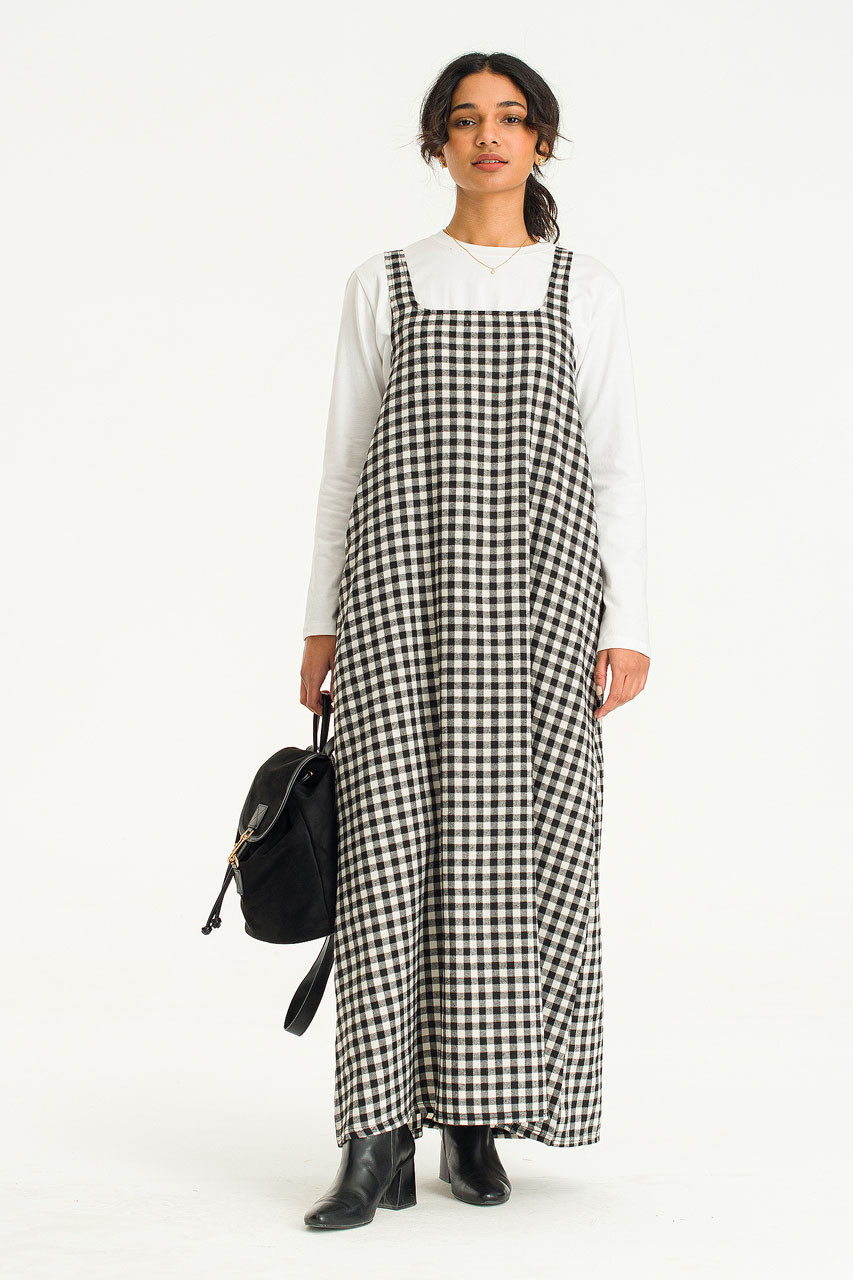 Jane Gingham Check Apron Dress, Black/Ivory