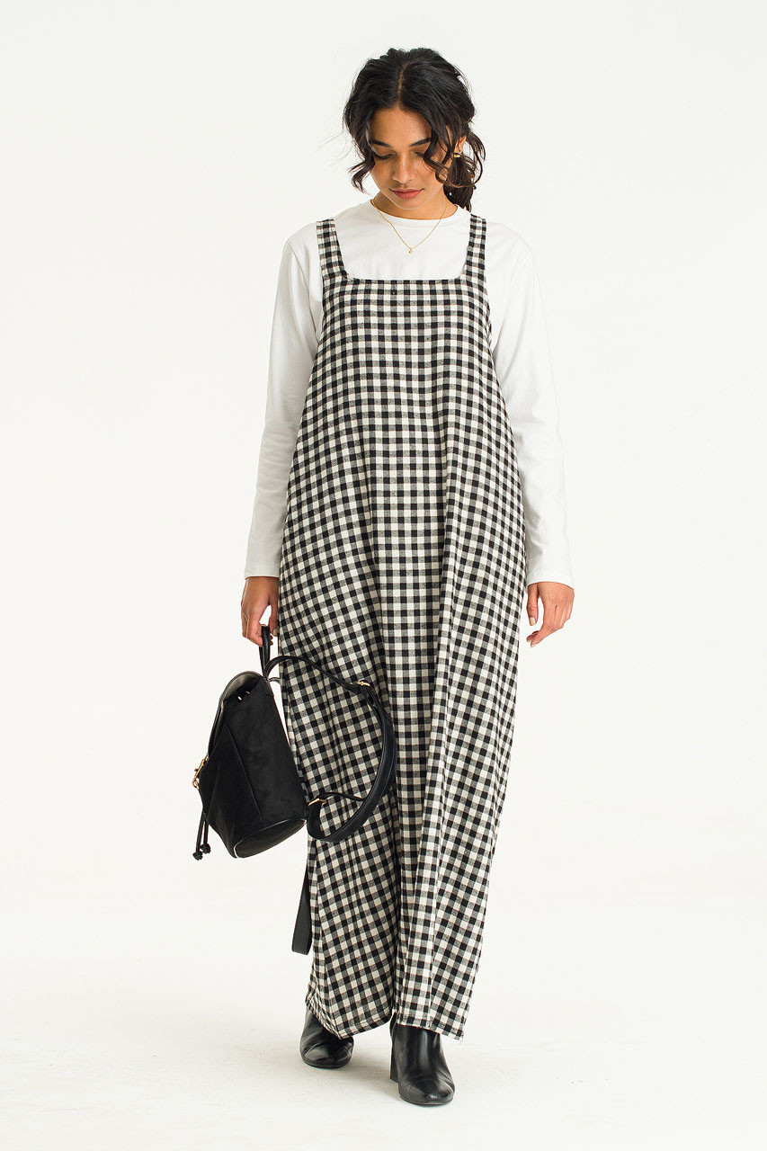 Jane Gingham Check Apron Dress, Black/Ivory