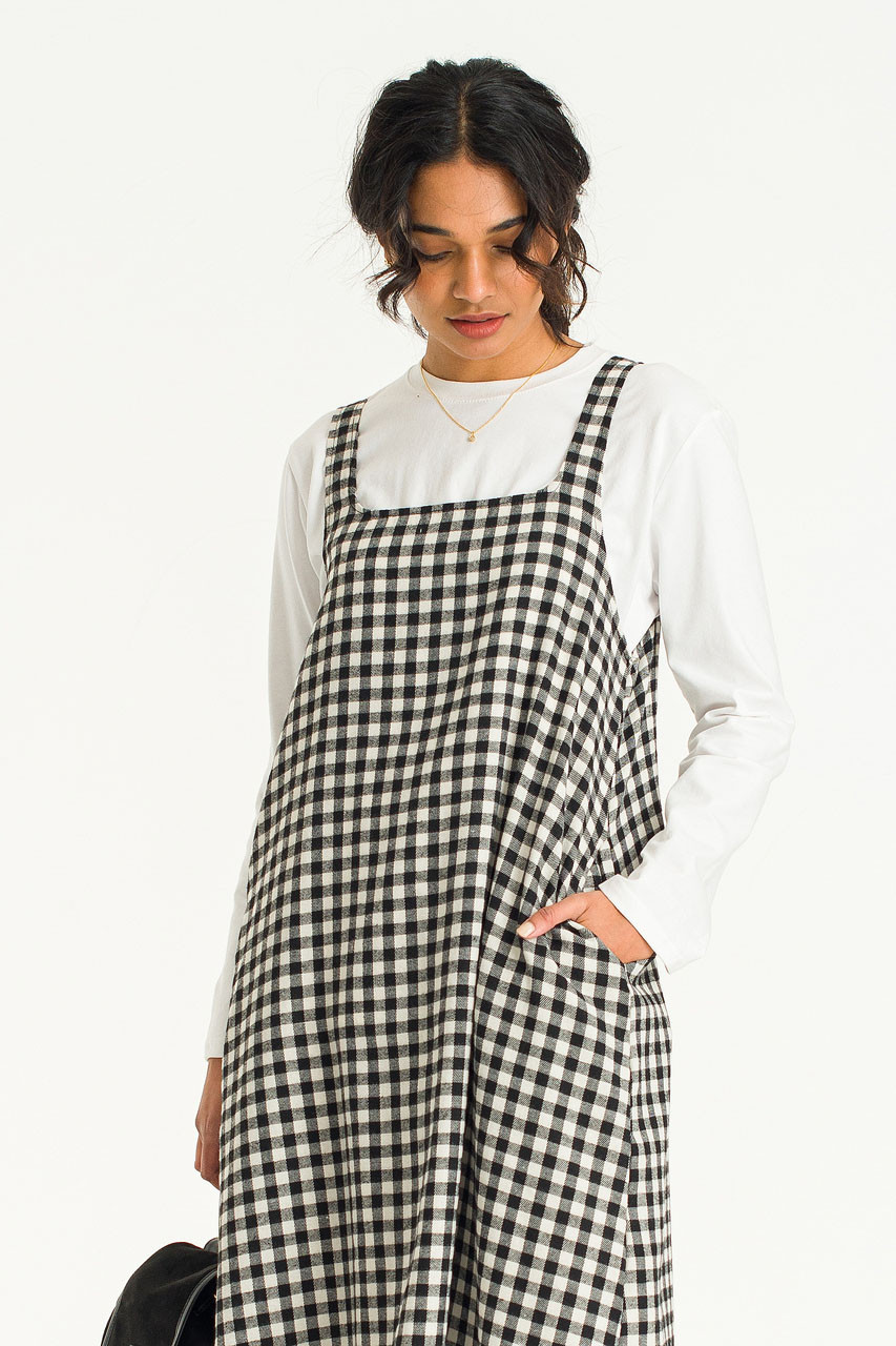 Jane Gingham Check Apron Dress, Black/Ivory