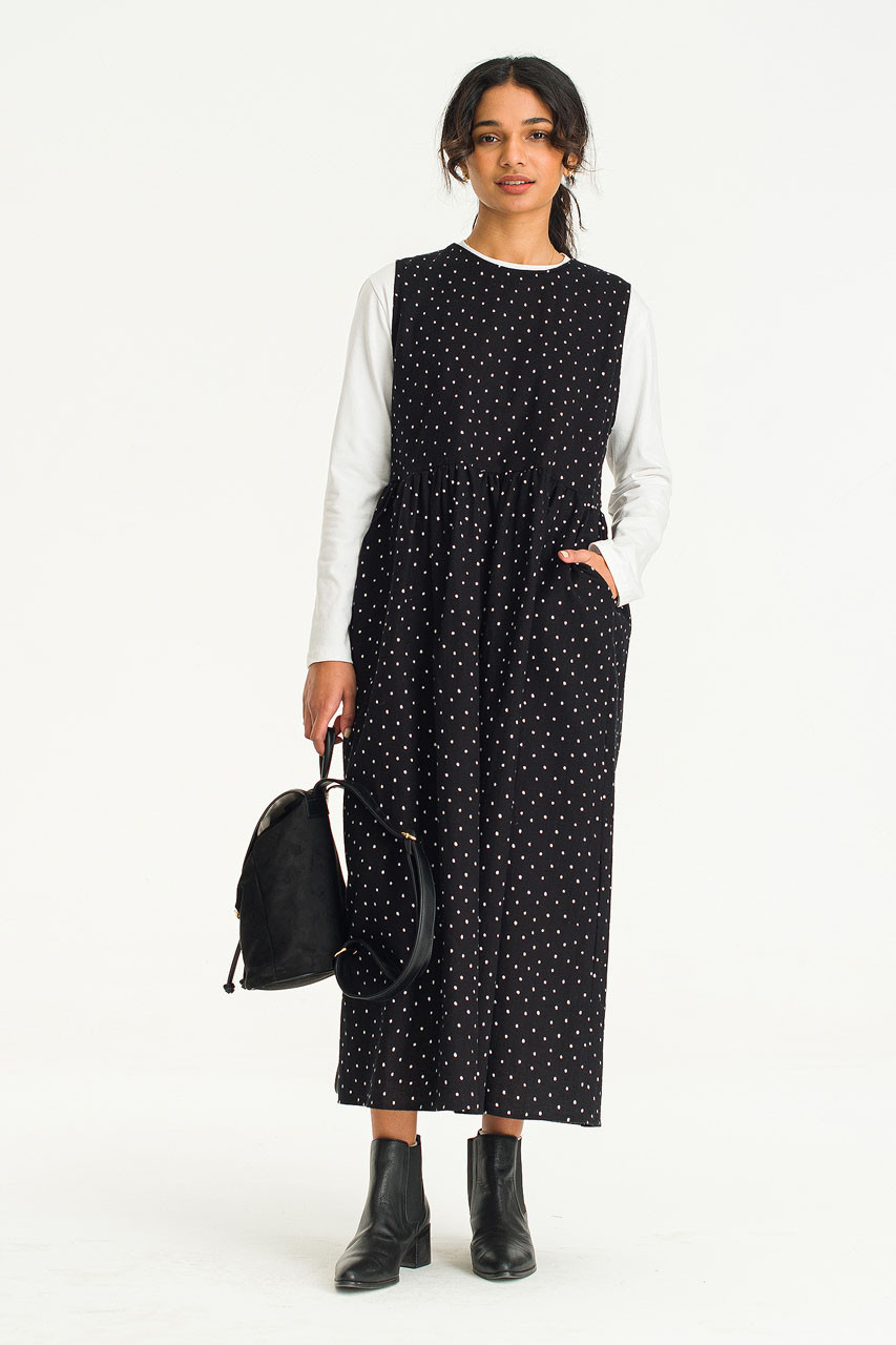 Boxy Dot Apron Dress, Black