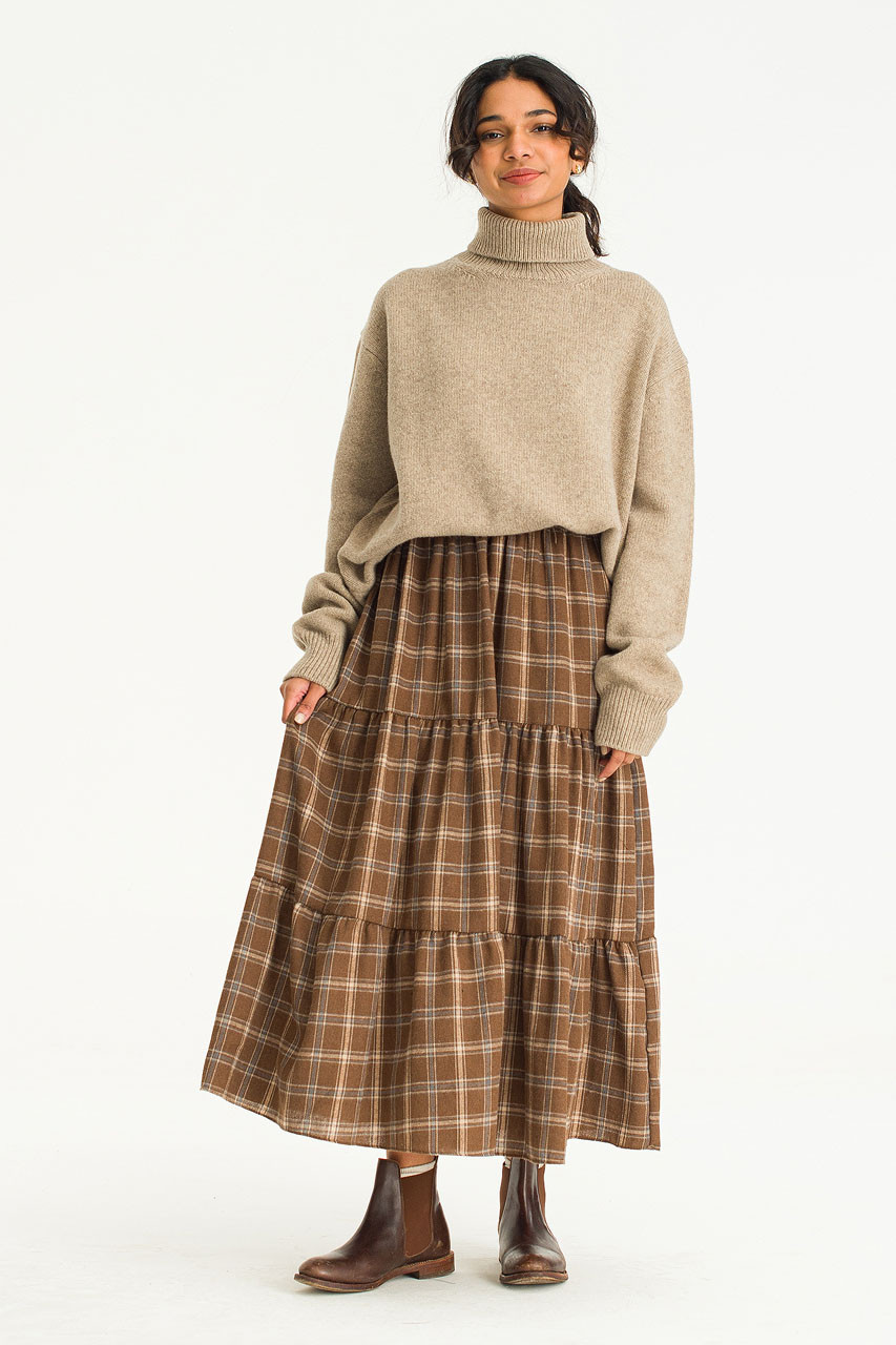 Elodie Check Tiered Skirt, Brown