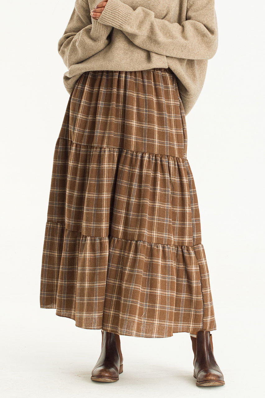Elodie Check Tired Skirt, Brown