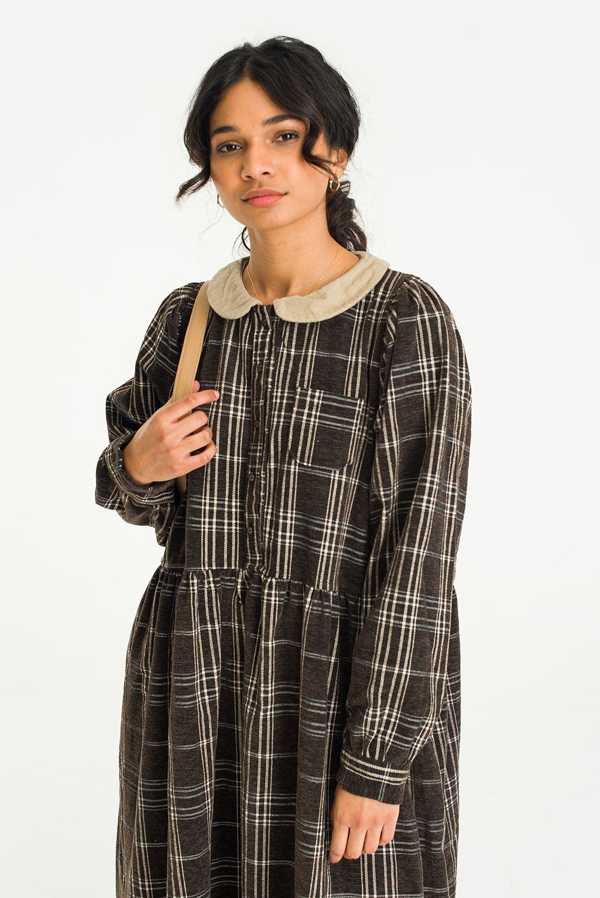 Momo Peter Collar Check Dress, Brown