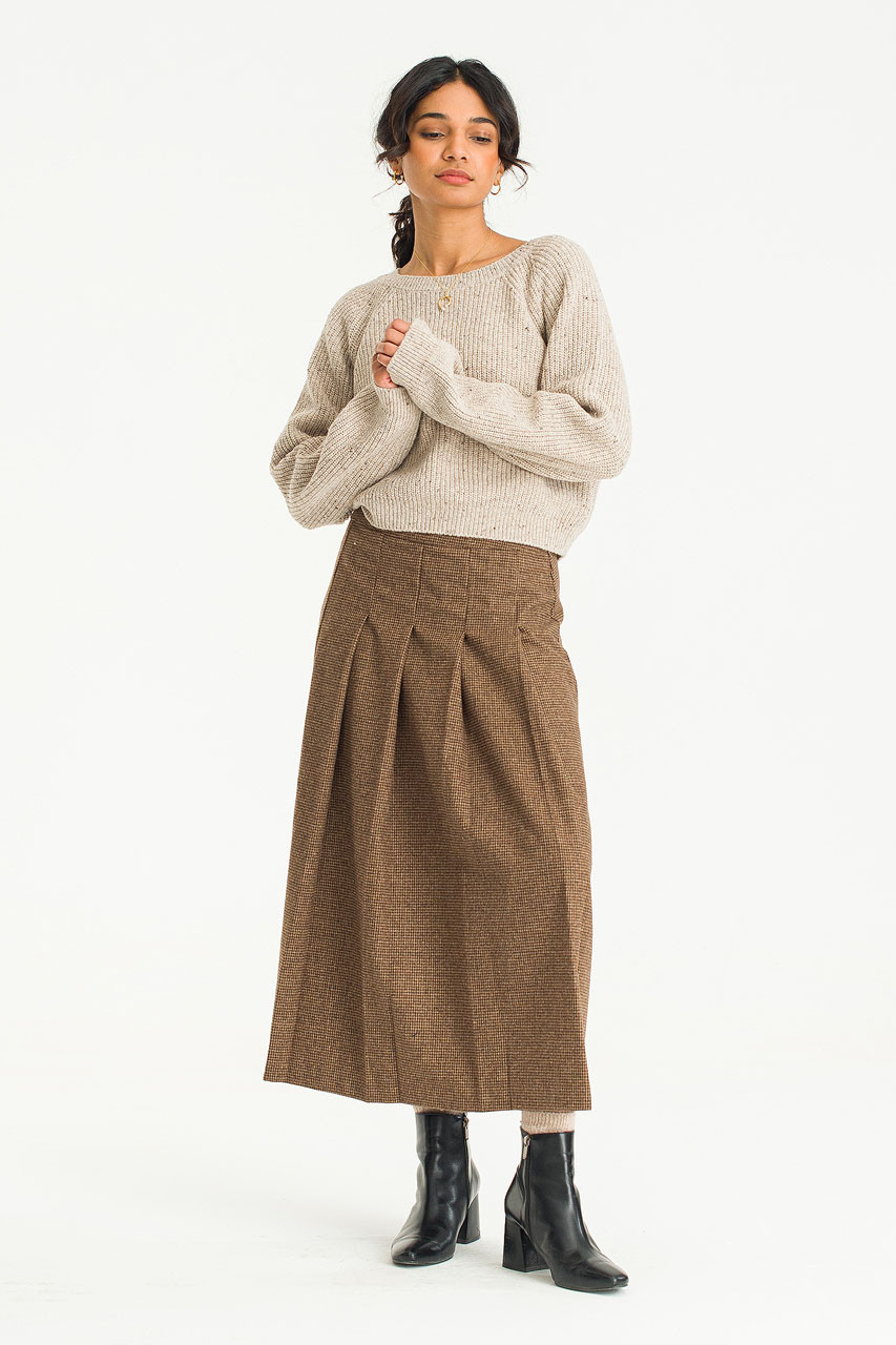 Hana Houndstooth Check Pleated Skirt, Brown