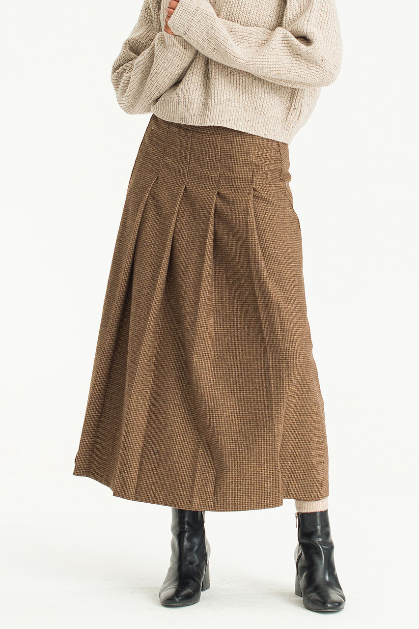 Hana Houndstooth Check Pleated Skirt, Brown